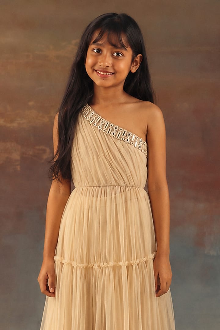 Watery Peach Net Mirror Work One-Shoulder Anarkali Set For Girls by Twenty Nine Kids at Pernia's Pop Up Shop