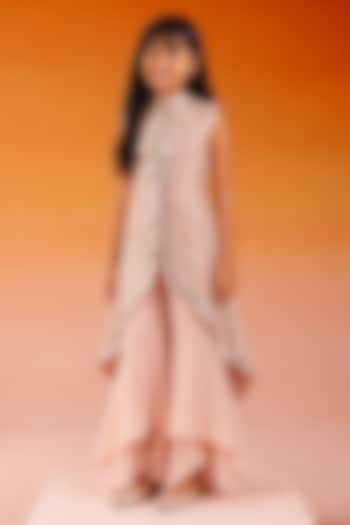 Blush Pink Tissue Mirror Work Asymmetrical Jacket Set For Girls by Twenty Nine Kids at Pernia's Pop Up Shop
