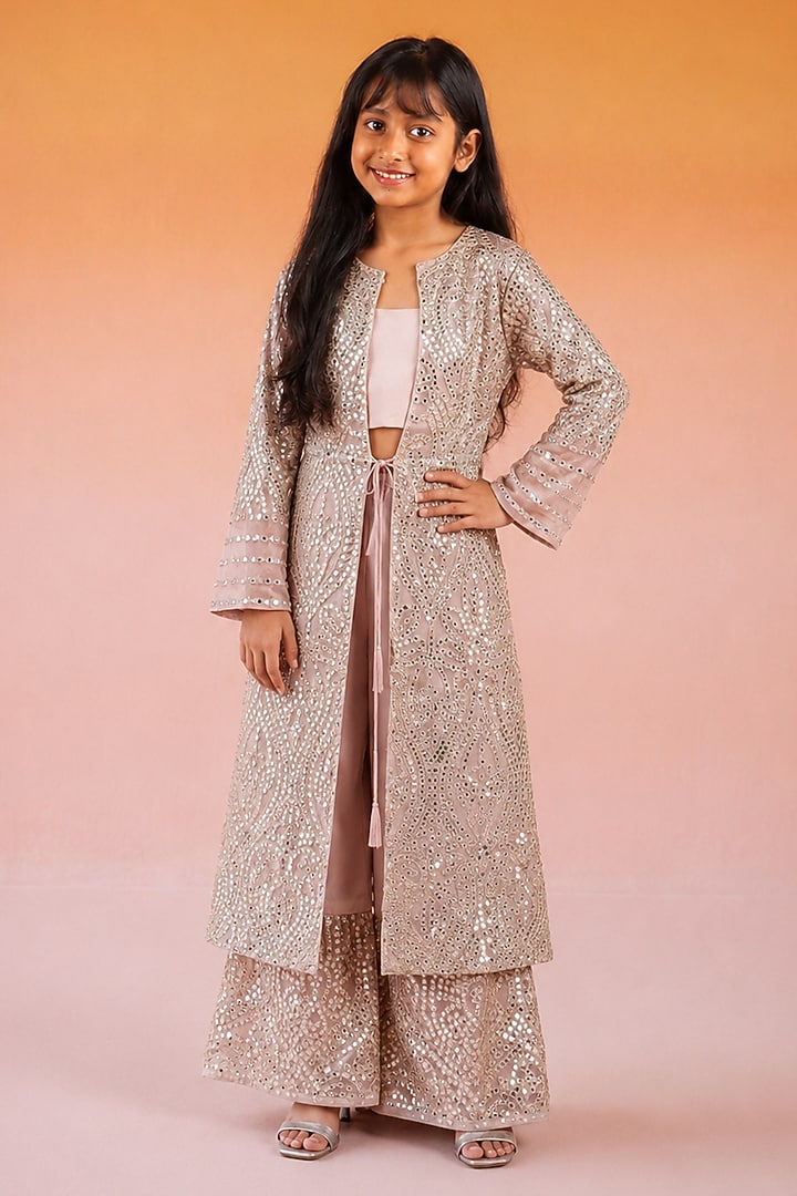 Blush Pink Net Mirror Work Jacket Set For Girls by Twenty Nine Kids at Pernia's Pop Up Shop