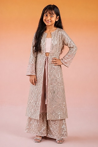Blush Pink Net Mirror Work Jacket Set For Girls by Twenty Nine Kids