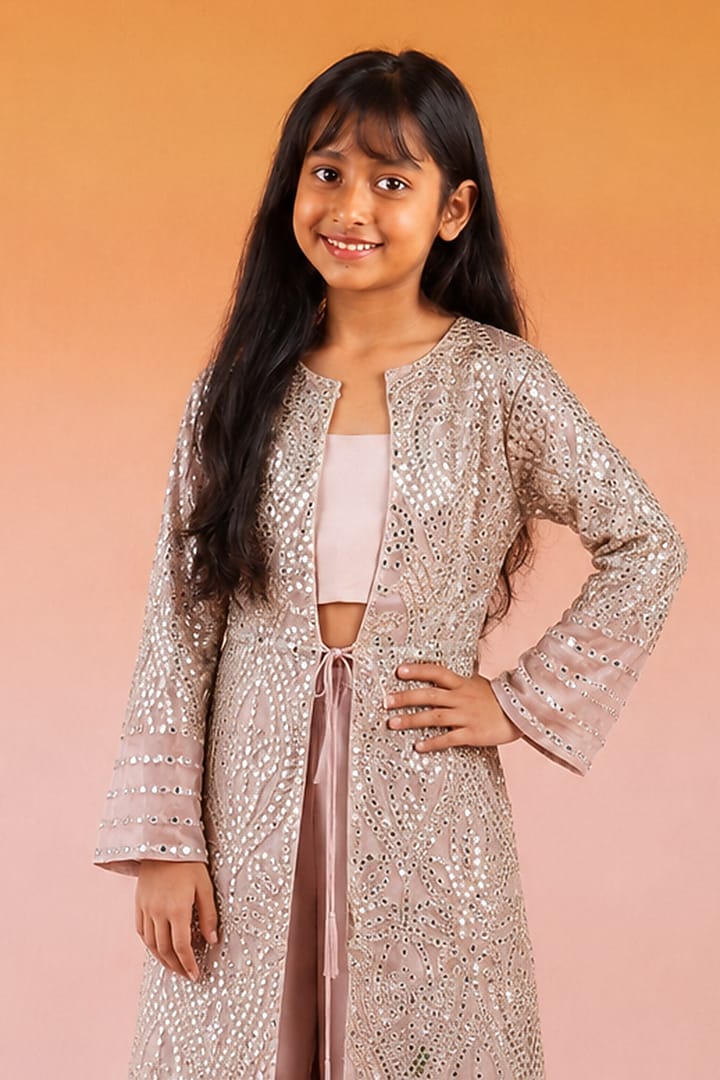Blush Pink Net Mirror Work Jacket Set For Girls by Twenty Nine Kids at Pernia's Pop Up Shop