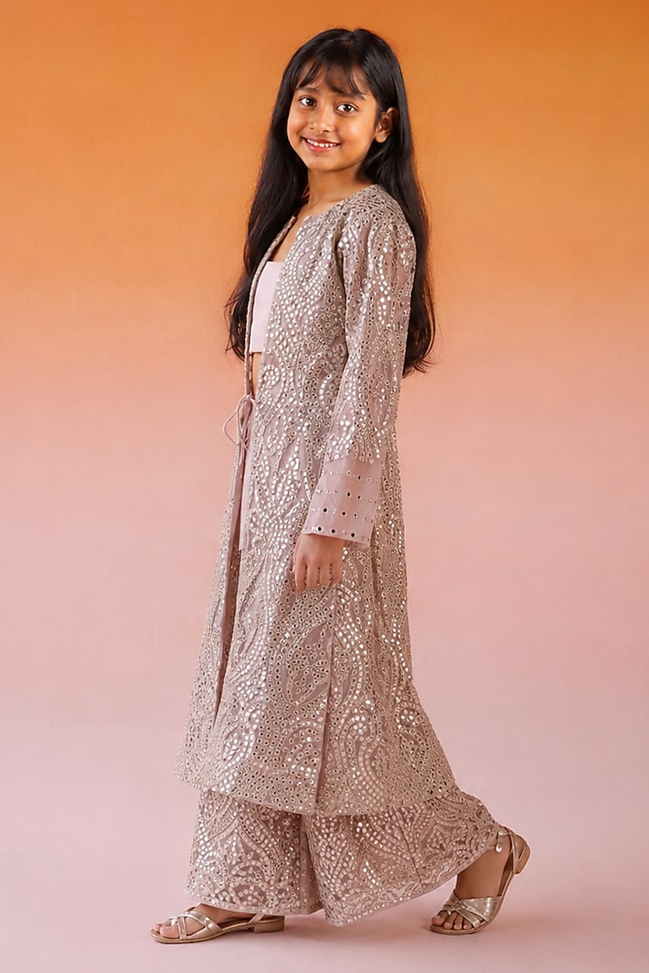 Blush Pink Net Mirror Work Jacket Set For Girls by Twenty Nine Kids at Pernia's Pop Up Shop