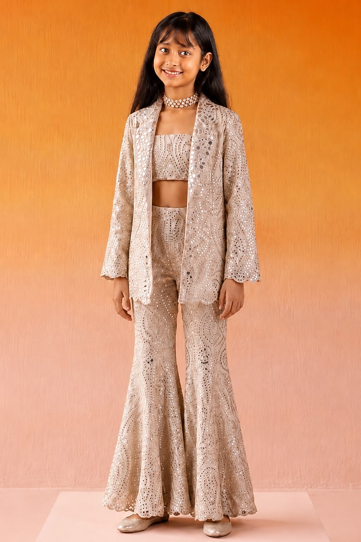Ivory Georgette Mirror Work Jacket Set For Girls by Twenty Nine Kids at Pernia's Pop Up Shop