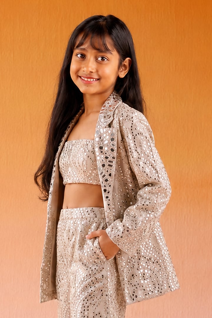 Ivory Georgette Mirror Work Jacket Set For Girls by Twenty Nine Kids at Pernia's Pop Up Shop