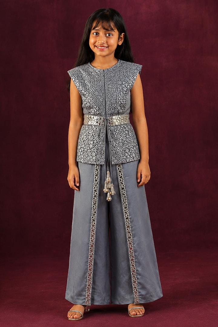 Ice Blue Lace Mirror Work Jacket Set For Girls by Twenty Nine Kids at Pernia's Pop Up Shop