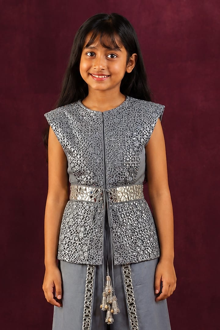 Ice Blue Lace Mirror Work Jacket Set For Girls by Twenty Nine Kids at Pernia's Pop Up Shop