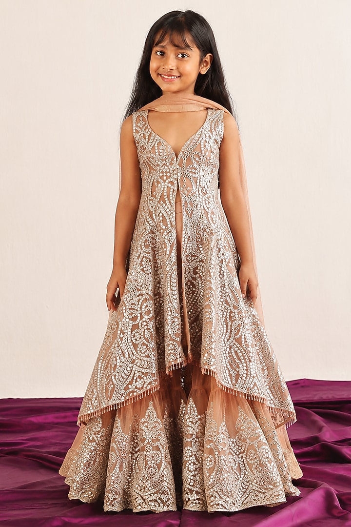Dull Peach Tissue Mirror Work Sharara Set For Girls by Twenty Nine Kids at Pernia's Pop Up Shop