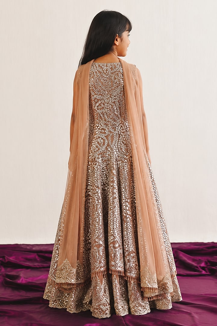 Dull Peach Tissue Mirror Work Sharara Set For Girls by Twenty Nine Kids at Pernia's Pop Up Shop