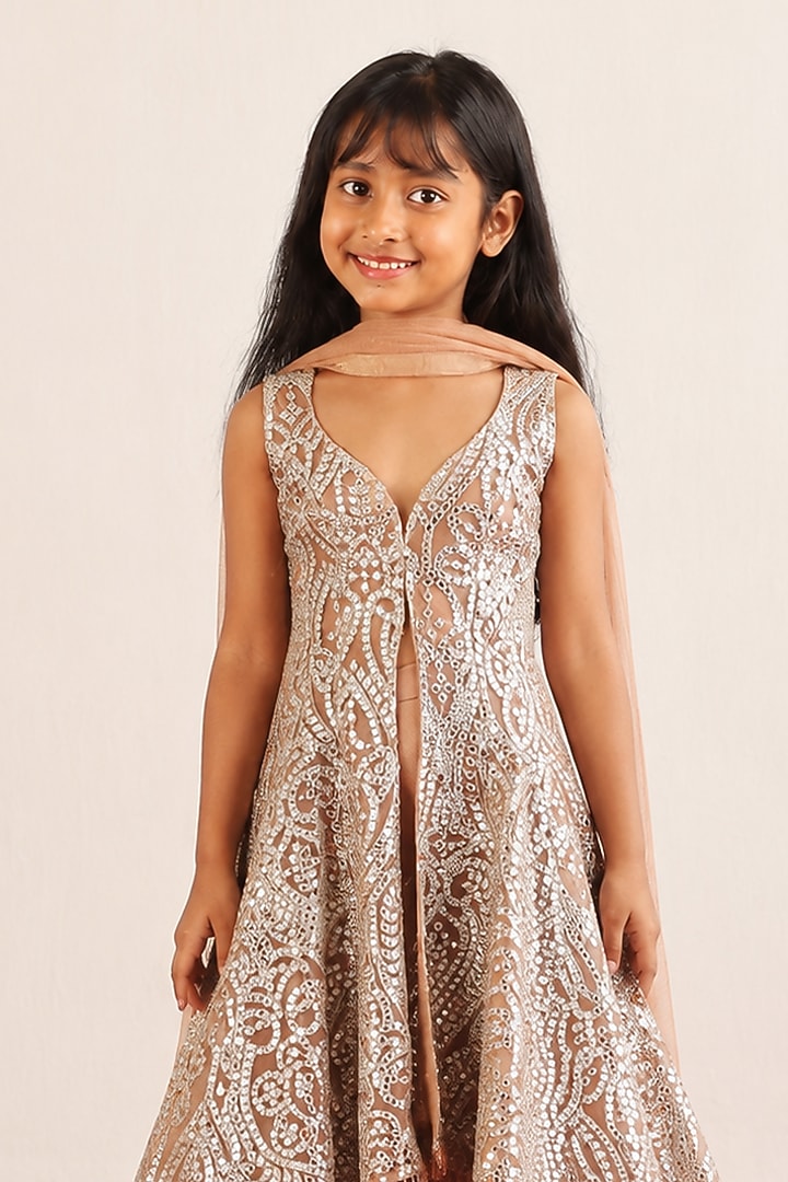 Dull Peach Tissue Mirror Work Sharara Set For Girls by Twenty Nine Kids at Pernia's Pop Up Shop