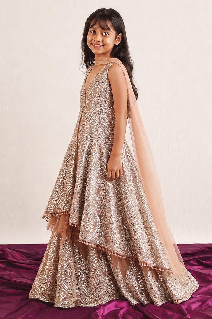 Dull Peach Tissue Mirror Work Sharara Set For Girls by Twenty Nine Kids at Pernia's Pop Up Shop