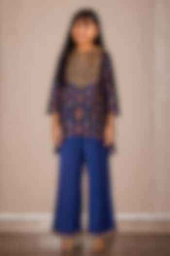 Blue Patola Weave Silk Marodi Kurta Set For Girls by Twenty Nine Kids at Pernia's Pop Up Shop