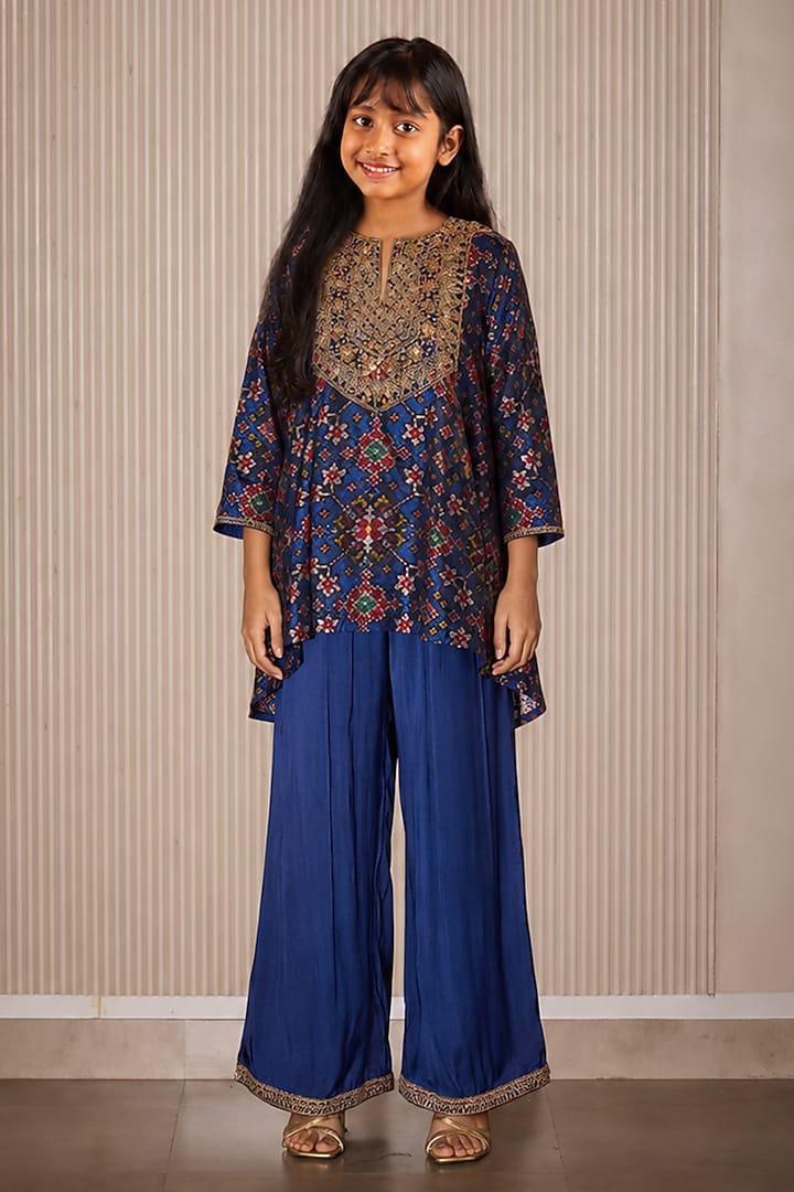 Blue Patola Weave Silk Marodi Kurta Set For Girls by Twenty Nine Kids at Pernia's Pop Up Shop