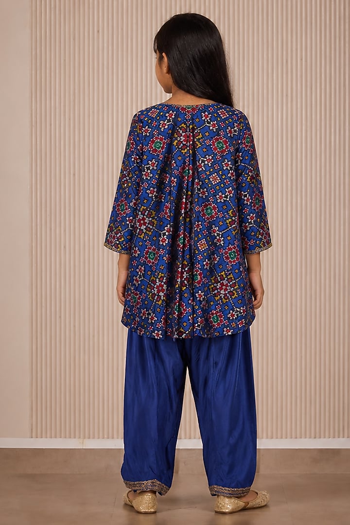 Blue Patola Weave Silk Marodi Kurta Set For Girls by Twenty Nine Kids at Pernia's Pop Up Shop