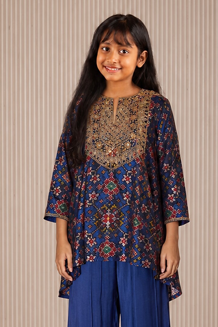 Blue Patola Weave Silk Marodi Kurta Set For Girls by Twenty Nine Kids at Pernia's Pop Up Shop