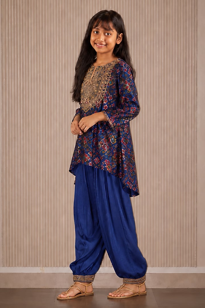 Blue Patola Weave Silk Marodi Kurta Set For Girls by Twenty Nine Kids at Pernia's Pop Up Shop