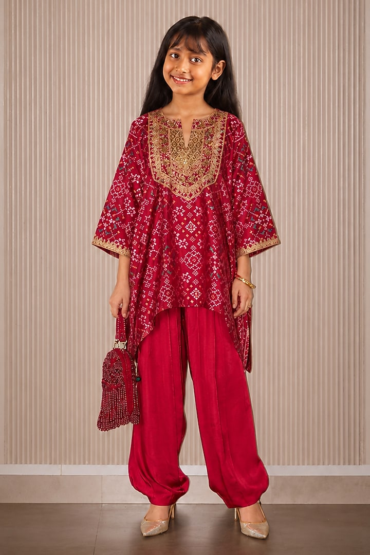 Red Patola Weave Silk Zardozi A-Line Kurta Set For Girls by Twenty Nine Kids at Pernia's Pop Up Shop