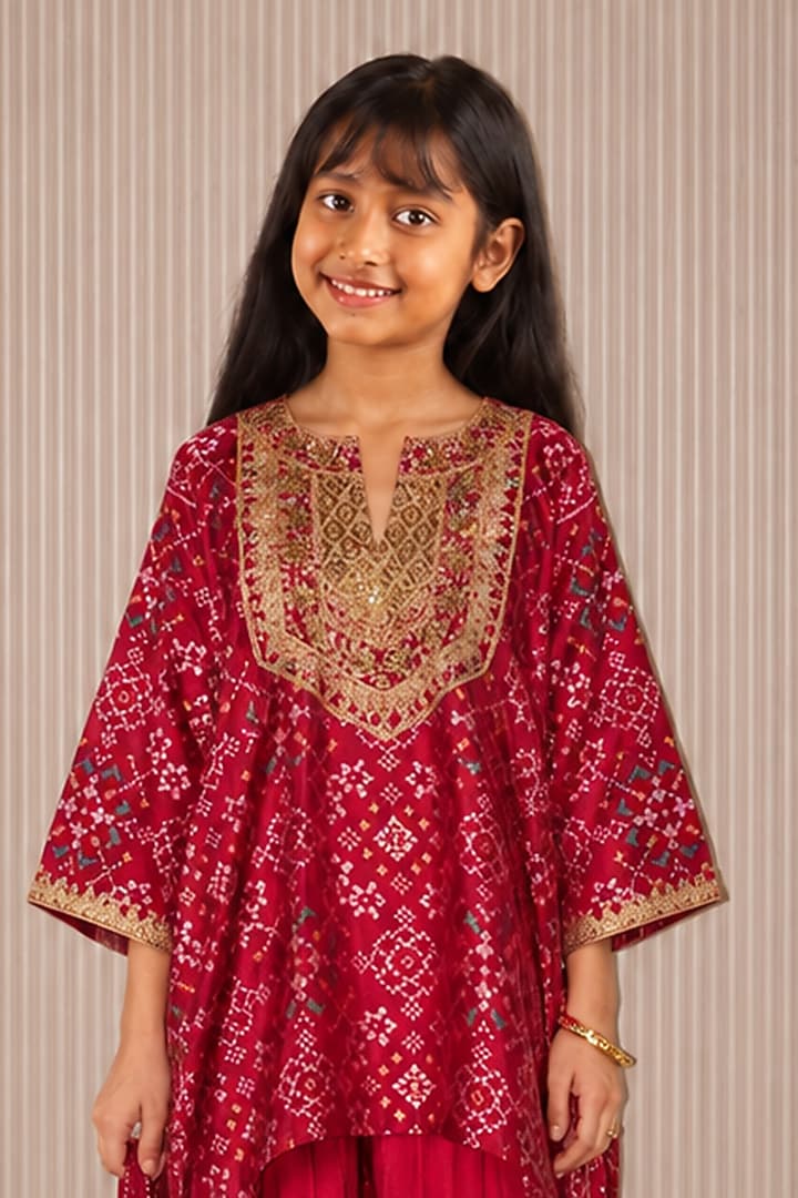 Red Patola Weave Silk Zardozi A-Line Kurta Set For Girls by Twenty Nine Kids at Pernia's Pop Up Shop