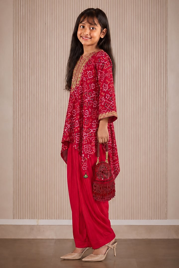 Red Patola Weave Silk Zardozi A-Line Kurta Set For Girls by Twenty Nine Kids at Pernia's Pop Up Shop