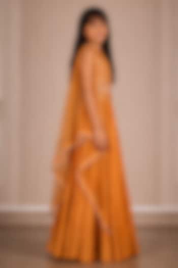 Apricot Crushed Bandhani Mirror Work Sharara Set For Girls by Twenty Nine Kids at Pernia's Pop Up Shop