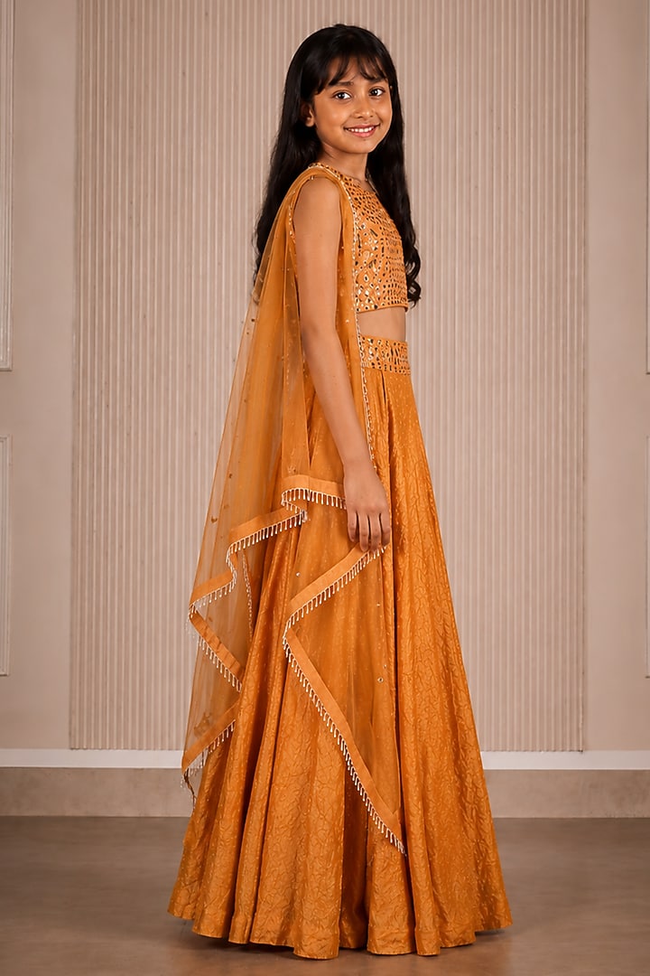 Apricot Crushed Bandhani Mirror Work Sharara Set For Girls by Twenty Nine Kids at Pernia's Pop Up Shop