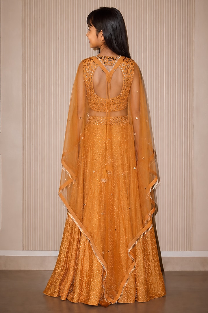 Apricot Crushed Bandhani Mirror Work Sharara Set For Girls by Twenty Nine Kids at Pernia's Pop Up Shop