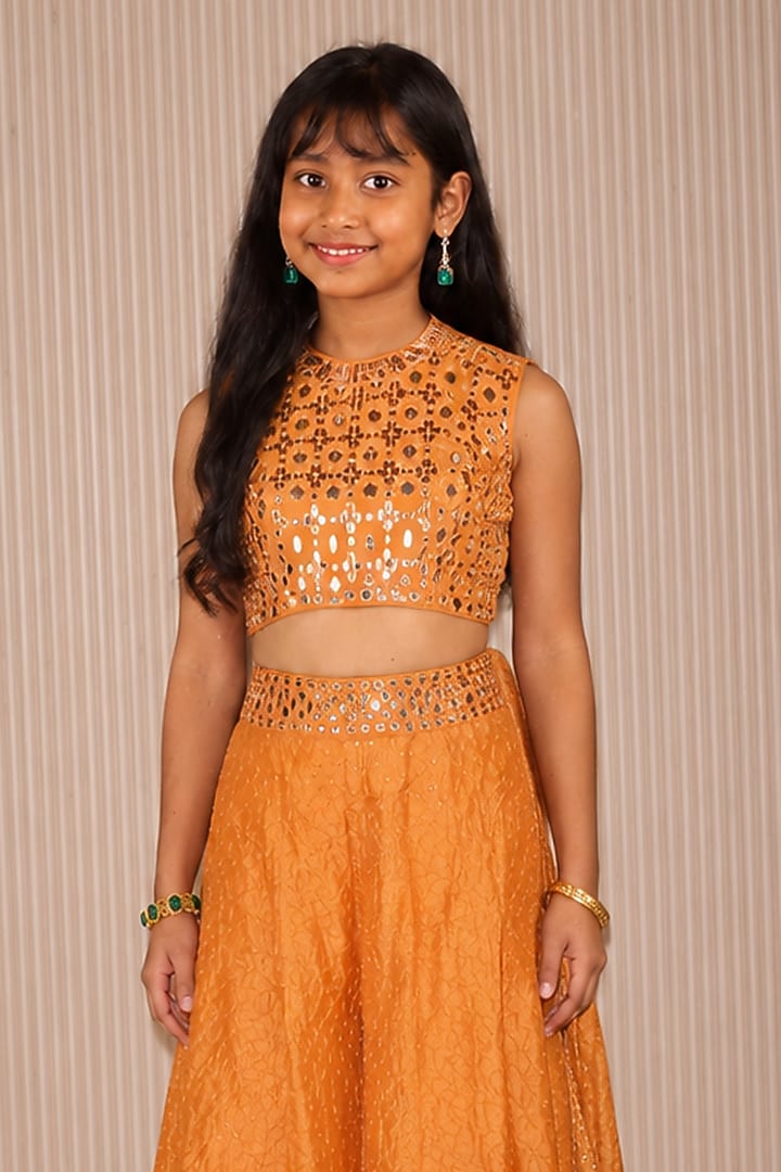 Apricot Crushed Bandhani Mirror Work Sharara Set For Girls by Twenty Nine Kids at Pernia's Pop Up Shop