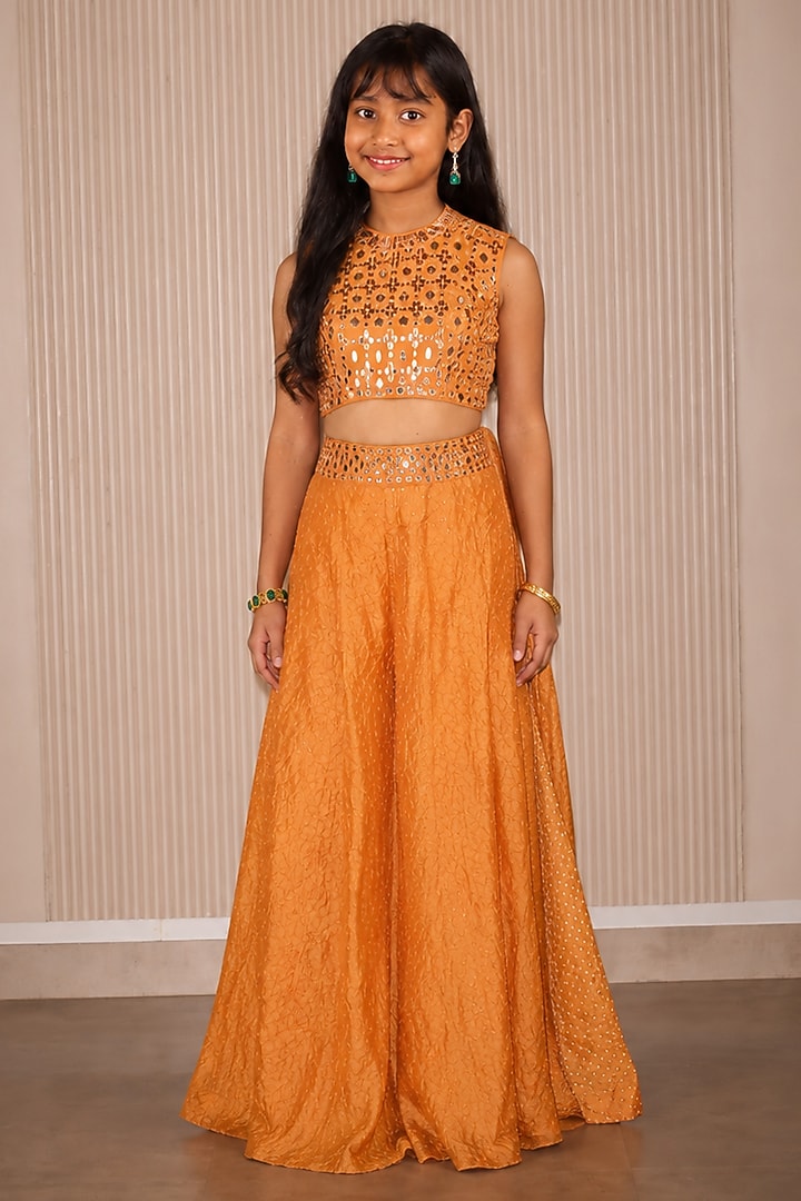 Apricot Crushed Bandhani Mirror Work Sharara Set For Girls by Twenty Nine Kids at Pernia's Pop Up Shop
