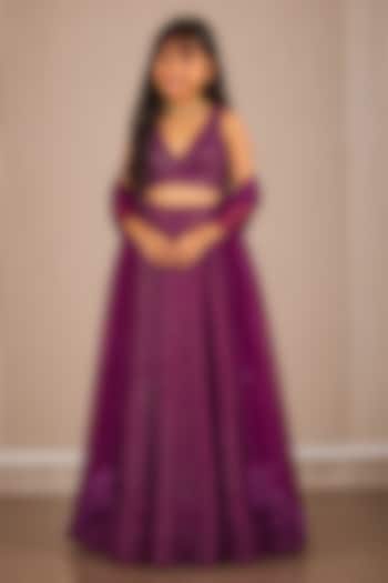 Purple Crushed Bandhani Mirror Hand Embroidered Lehenga Set For Girls by Twenty Nine Kids at Pernia's Pop Up Shop