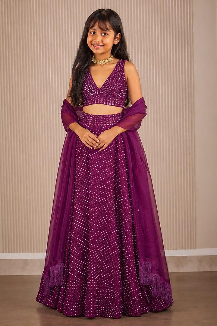 Purple Crushed Bandhani Mirror Hand Embroidered Lehenga Set For Girls by Twenty Nine Kids at Pernia's Pop Up Shop