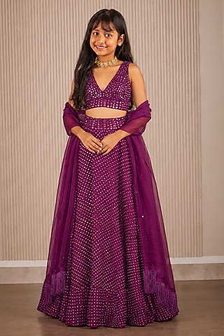 Purple Crushed Bandhani Mirror Hand Embroidered Lehenga Set For Girls by Twenty Nine Kids