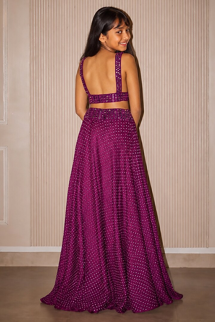 Purple Crushed Bandhani Mirror Hand Embroidered Lehenga Set For Girls by Twenty Nine Kids at Pernia's Pop Up Shop