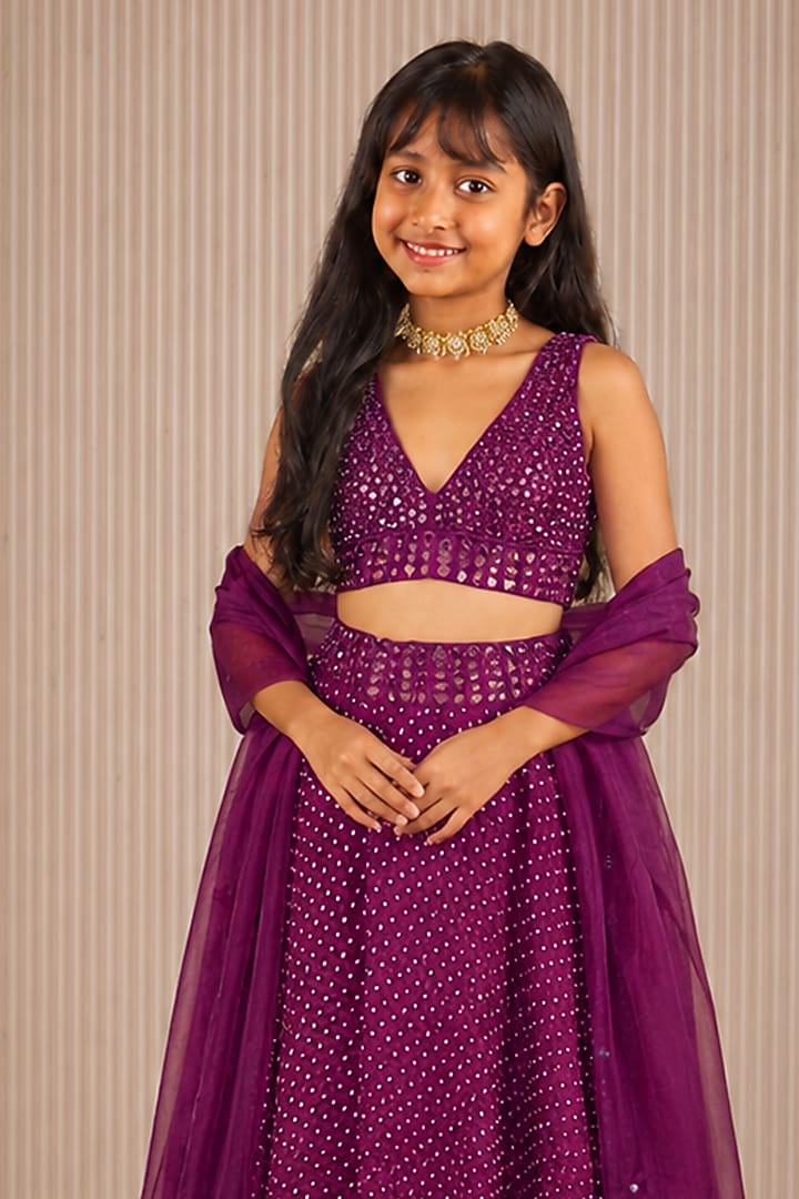 Purple Crushed Bandhani Mirror Hand Embroidered Lehenga Set For Girls by Twenty Nine Kids at Pernia's Pop Up Shop