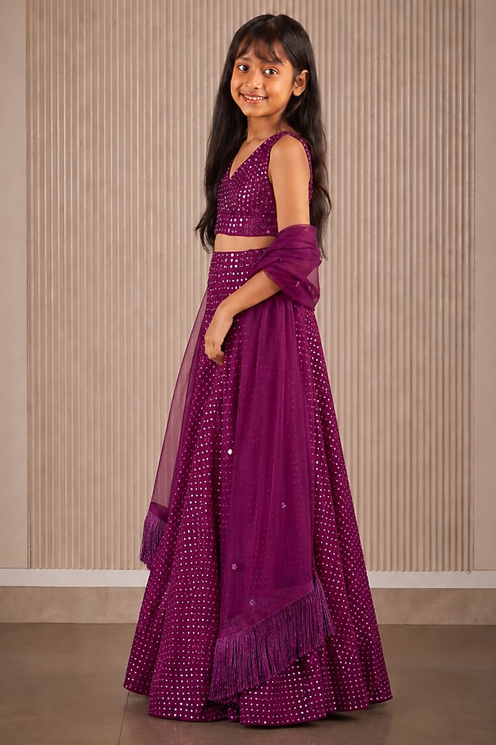 Purple Crushed Bandhani Mirror Hand Embroidered Lehenga Set For Girls by Twenty Nine Kids at Pernia's Pop Up Shop