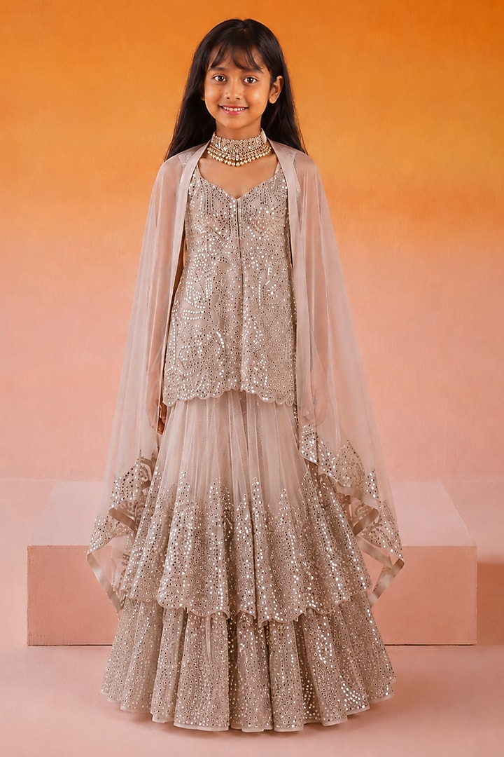 Silver Net Mirror Work Layered Lehenga Set For Girls by Twenty Nine Kids at Pernia's Pop Up Shop