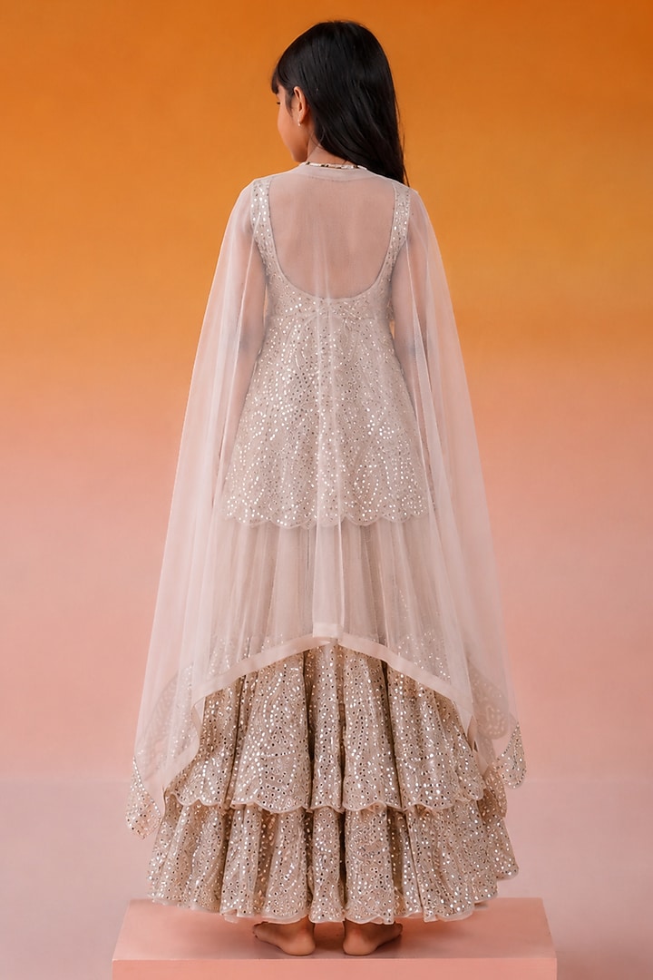 Silver Net Mirror Work Layered Lehenga Set For Girls by Twenty Nine Kids at Pernia's Pop Up Shop