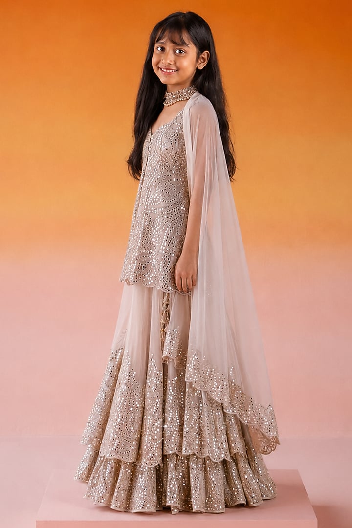 Silver Net Mirror Work Layered Lehenga Set For Girls by Twenty Nine Kids at Pernia's Pop Up Shop