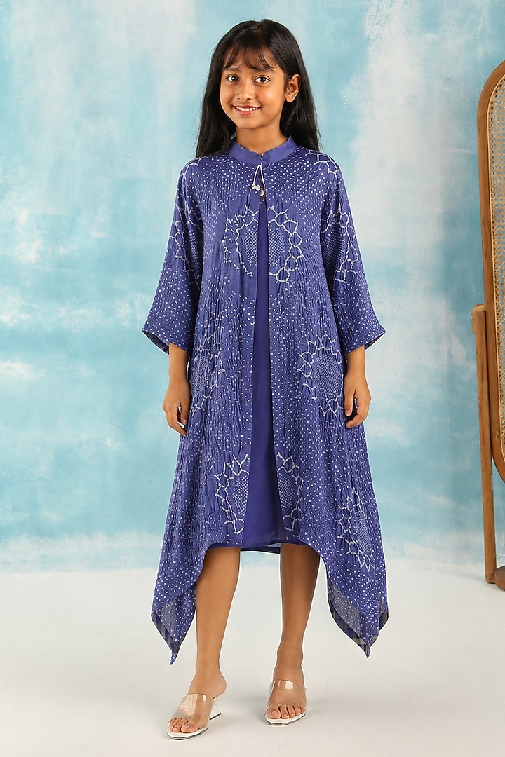Blue Gajji Silk Bandhani Mirror Work Long Dress For Girls by Twenty Nine Kids at Pernia's Pop Up Shop