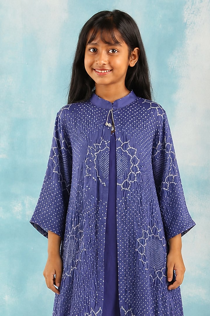 Blue Gajji Silk Bandhani Mirror Work Long Dress For Girls by Twenty Nine Kids at Pernia's Pop Up Shop