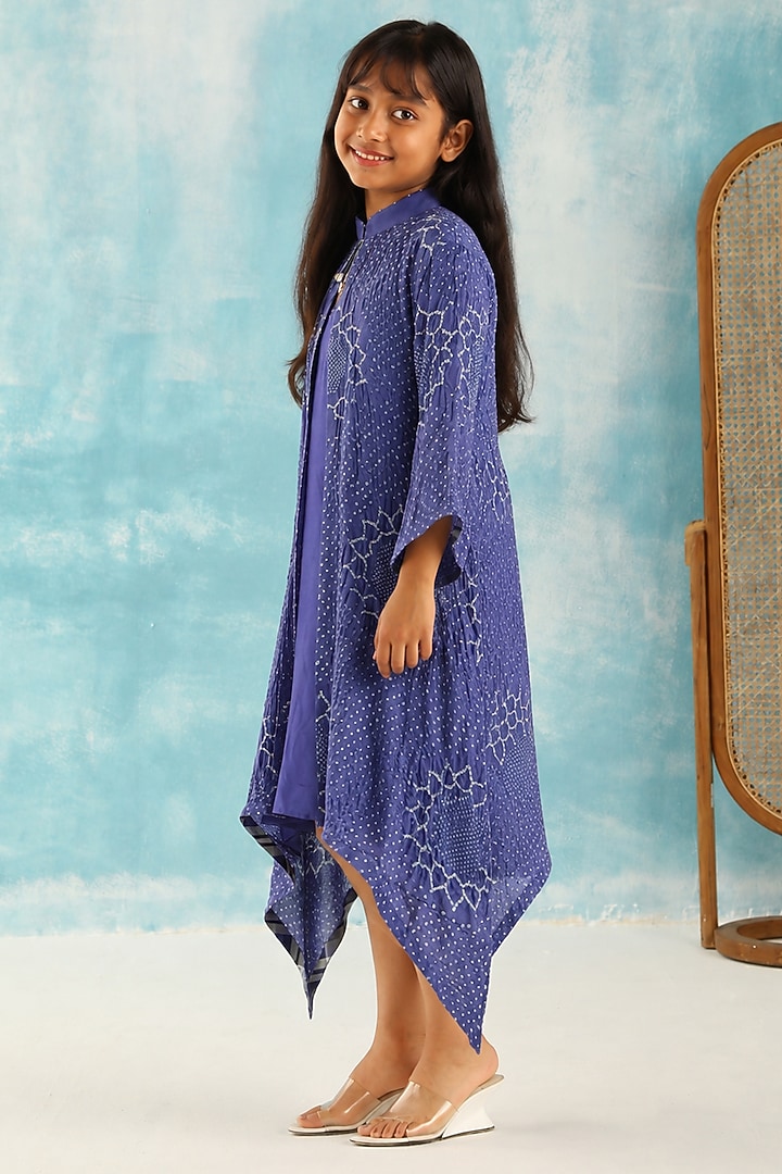 Blue Gajji Silk Bandhani Mirror Work Long Dress For Girls by Twenty Nine Kids at Pernia's Pop Up Shop