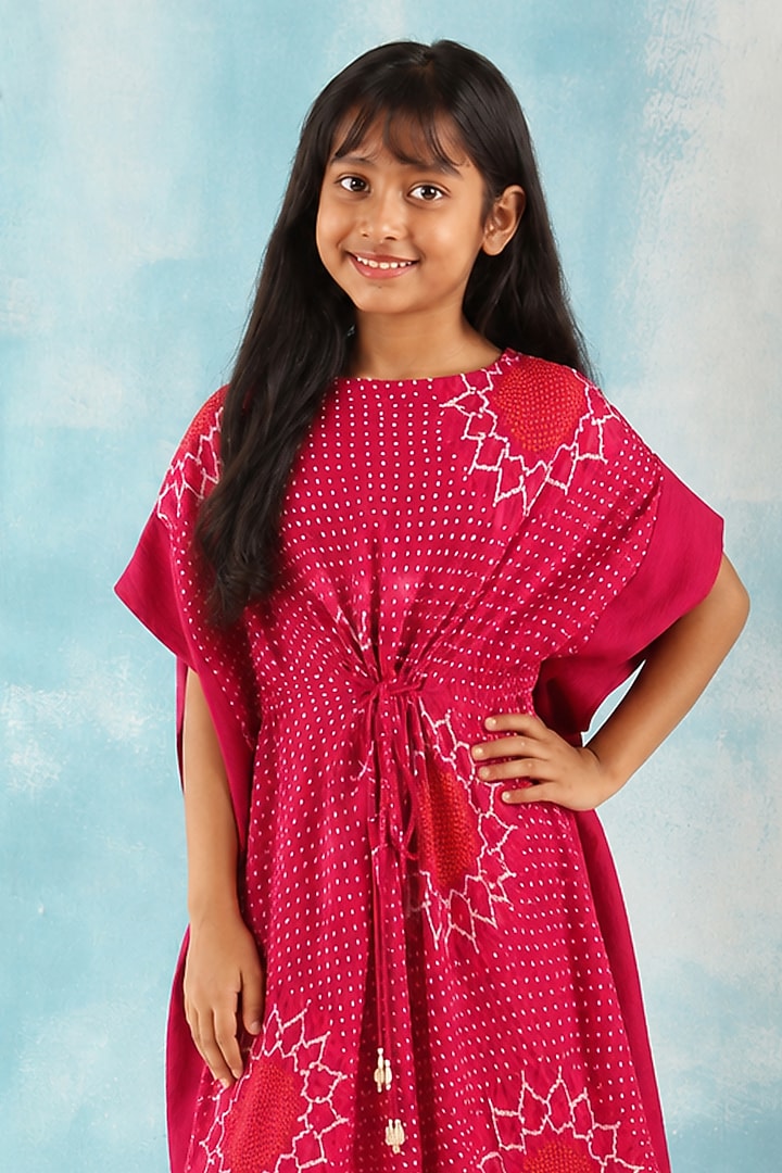 Pink Gajji Silk Bandhani Kaftan Set For Girls by Twenty Nine Kids at Pernia's Pop Up Shop