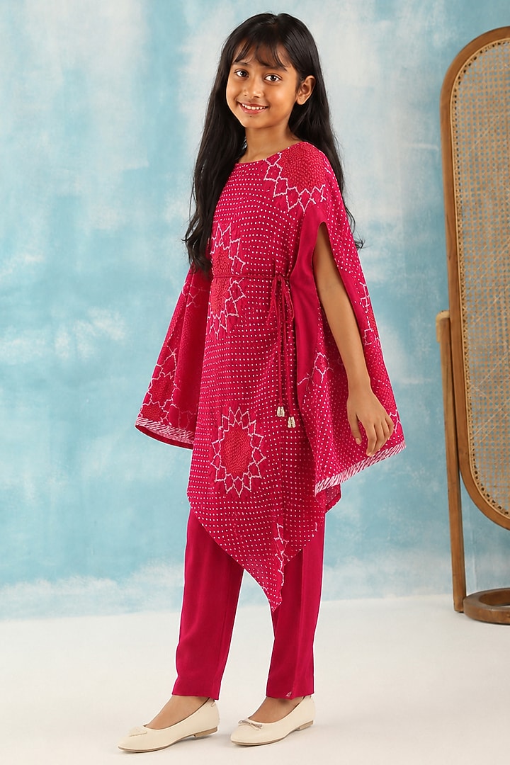 Pink Gajji Silk Bandhani Kaftan Set For Girls by Twenty Nine Kids at Pernia's Pop Up Shop