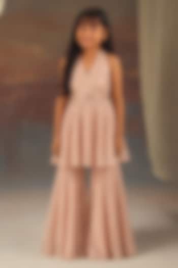 Blush Pink Tulle Mirror Work Halter Neck Tunic Set For Girls by Twenty Nine Kids at Pernia's Pop Up Shop