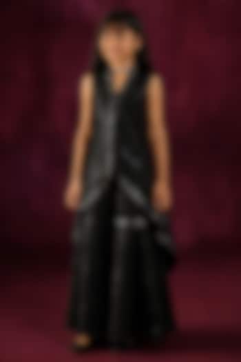 Black Tulle Floral Mirror Work Sharara Set For Girls by Twenty Nine Kids at Pernia's Pop Up Shop