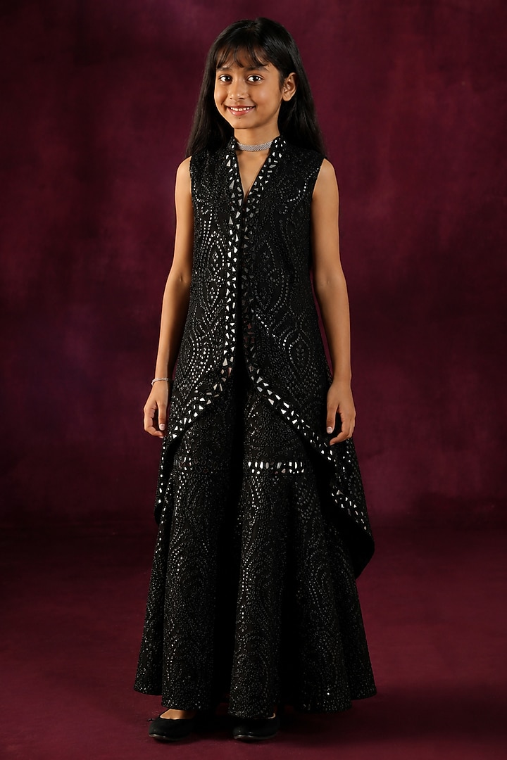 Black Tulle Floral Mirror Work Sharara Set For Girls by Twenty Nine Kids at Pernia's Pop Up Shop