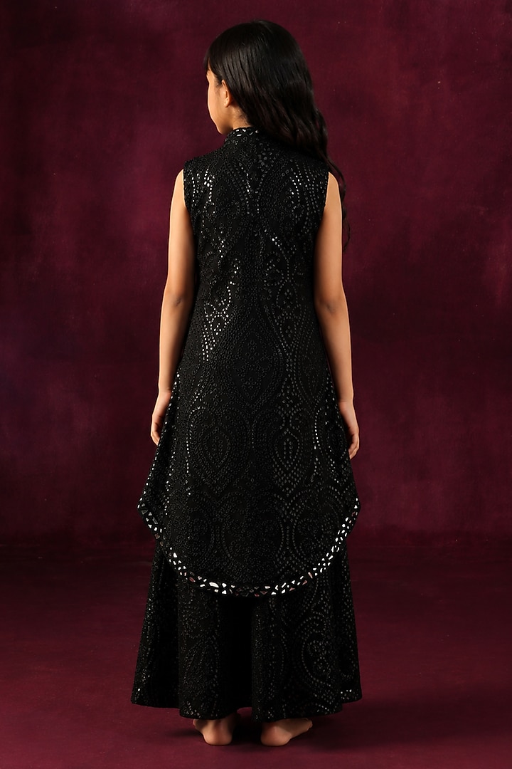 Black Tulle Floral Mirror Work Sharara Set For Girls by Twenty Nine Kids at Pernia's Pop Up Shop