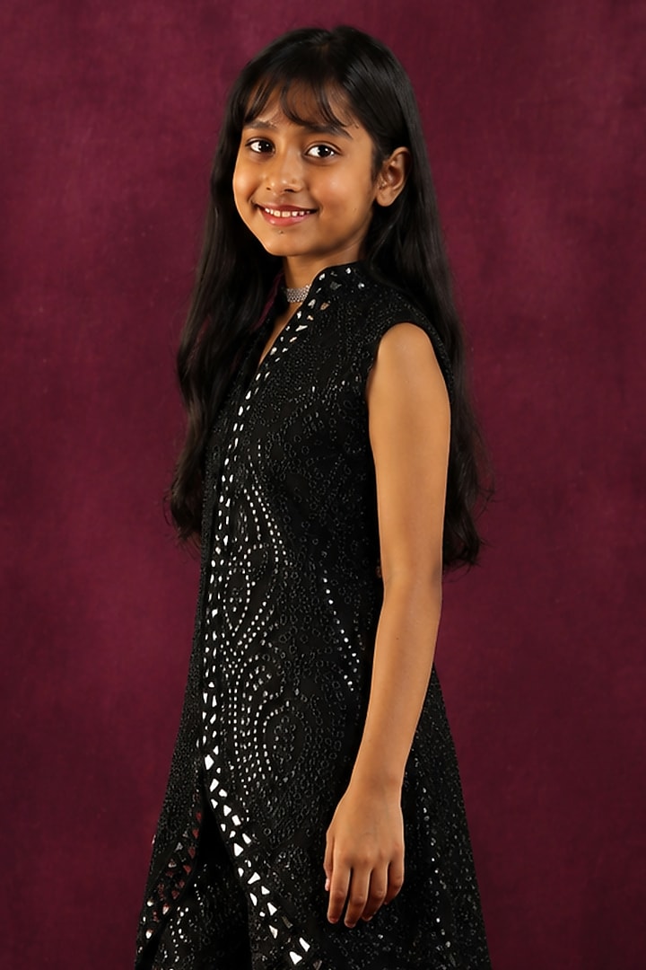 Black Tulle Floral Mirror Work Sharara Set For Girls by Twenty Nine Kids at Pernia's Pop Up Shop