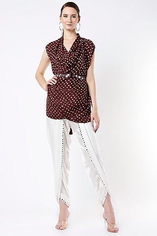 Brown Bandhani Cape Top With Embellished Belt by Twenty Nine