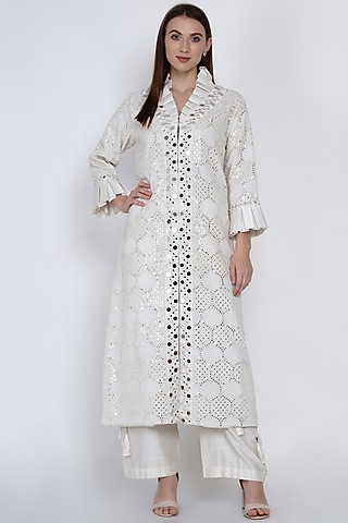 White Overlay Jacket With Mirror Work by Twenty Nine