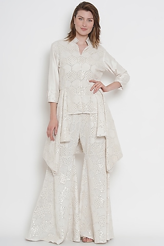 White Asymmetrical Jacket With Mirror Work by Twenty Nine