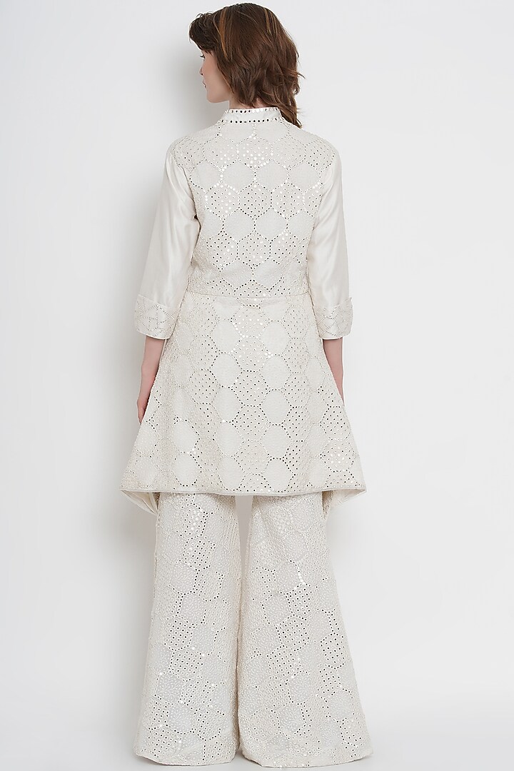 White Asymmetrical Jacket With Mirror Work by Twenty Nine at Pernia's Pop Up Shop